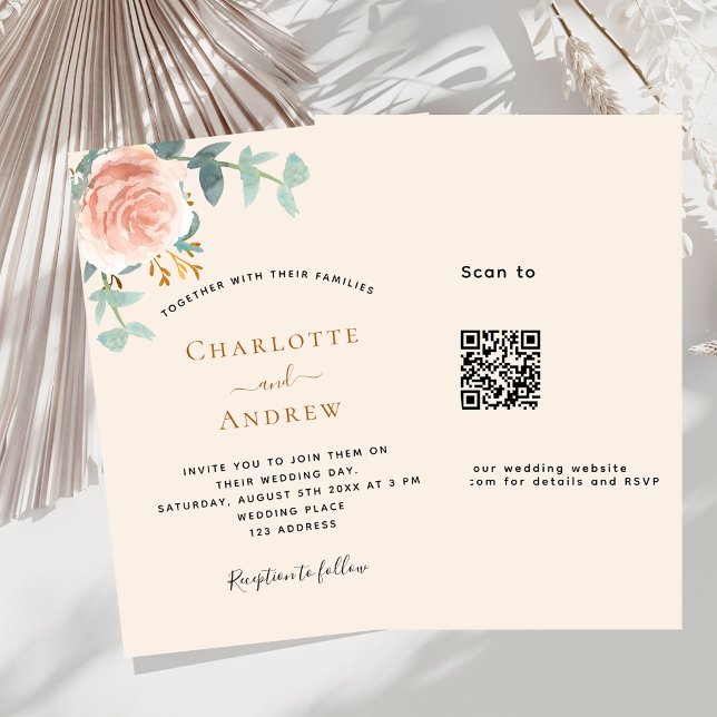 Beige rose gold floral QR code RSVP wedding Invitation (Creator Uploaded)
