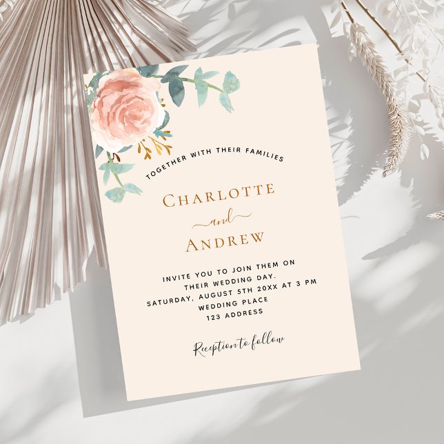 Beige rose gold greenery wedding invitation (Creator Uploaded)
