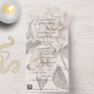Beige Rose Silhouette QR Code All In One Invitation