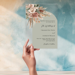 Beige roses pampas sage green arch clear wedding acrylic invitations