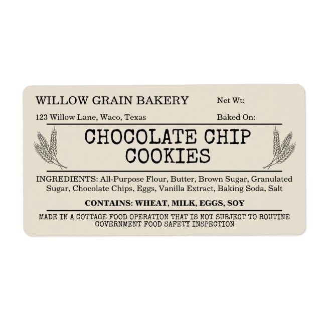 Beige Rustic Cottage Chocolate Chip Cookie Label (Front)