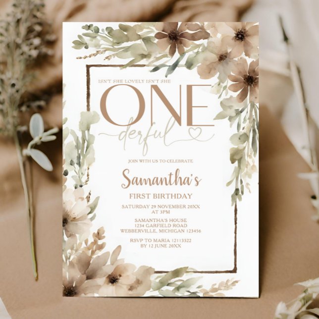 Beige Rustic Floral Isn't She Onederful Birthday Invitation (Creator Uploaded)