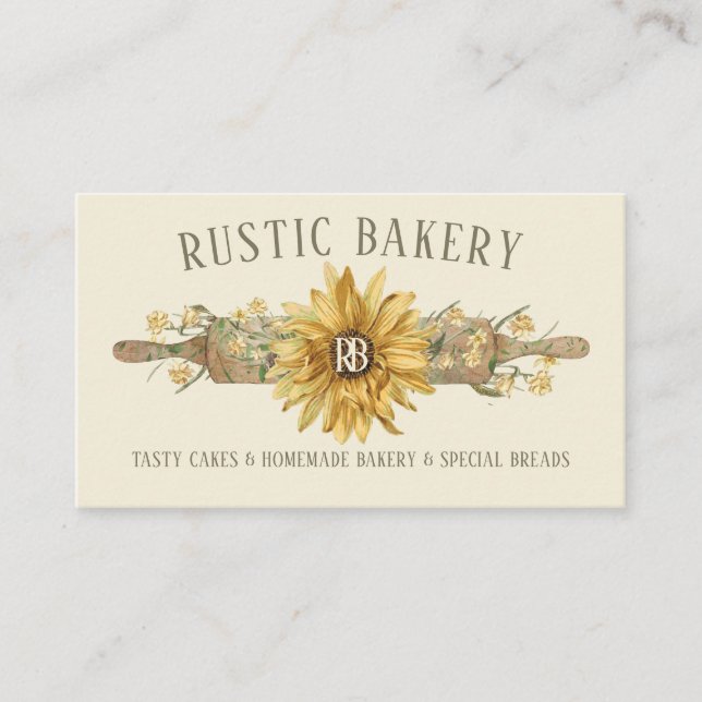 Beige Rustic Style Sunflower Bakery Business Card (Front)