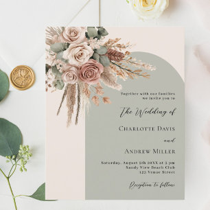 Beige sage green roses arch wedding invitation