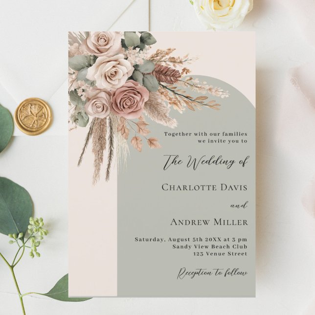 Beige sage green roses pampas grass arch wedding invitation (Creator Uploaded)