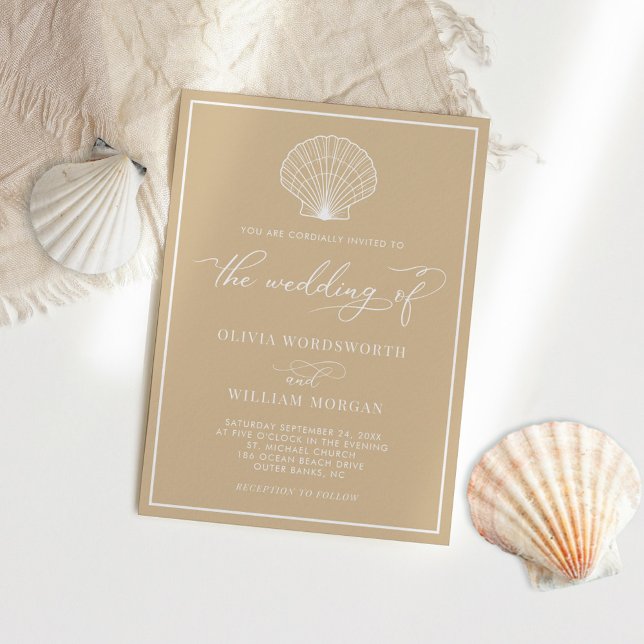 Beige Sand Elegant Beach Seashell Wedding Invitation (Creator Uploaded)