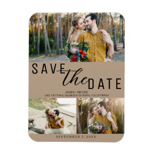 Beige Save the Date Wedding 3 Photos Magnet