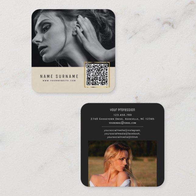 Beige scannable barcode QR code photo  Square Business Card (Front/Back)