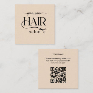 Beige Scissors Script Hair salon Qr code Square Business Card