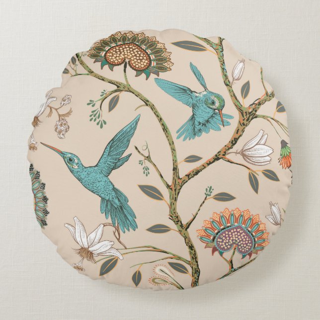 Beige seamless pattern with stylised flowers and b round cushion (Front)