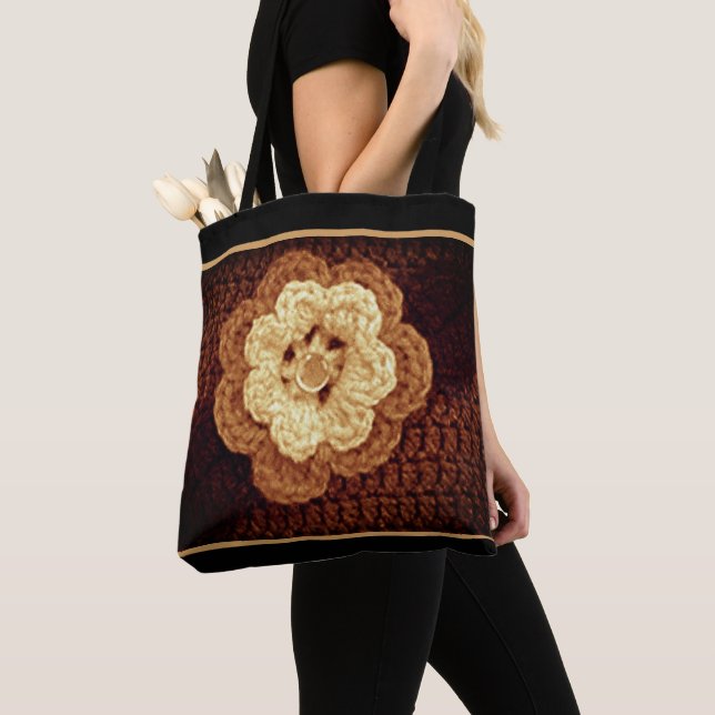 Beige Shades of Brown Flower Artisan Crochet Tote Bag (Close Up)