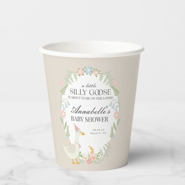 Beige Silly Goose Floral Gingham Baby Shower Favou Paper Cups (Front)