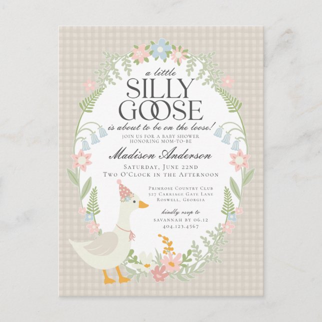 Beige Silly Goose Floral Gingham Baby Shower Postcard (Front)