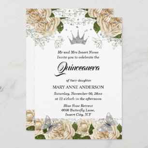 Beige silver tiara butterfly rose quinceanera invitation