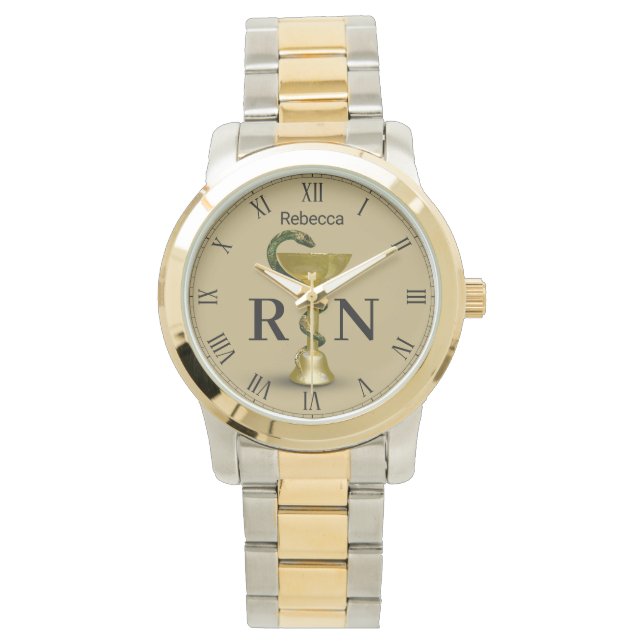 Beige Snake Bowl Hygieia Medical Gold Nurse RN Watch (Front)