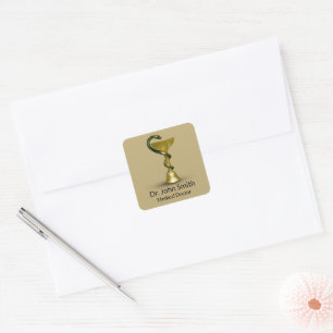 Beige Snake Bowl Medical Hygieia Gold Caduceus Square Sticker