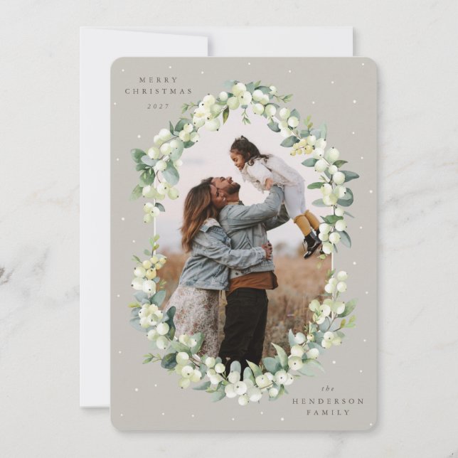 Beige Snowberry+Eucalyptus Christmas Photo Holiday Card (Front)