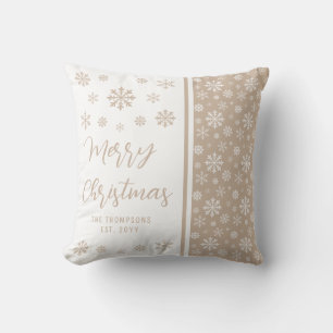 Beige Snowflakes Merry Christmas With Family Name Cushion