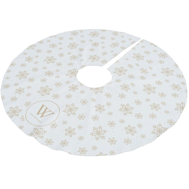Beige Snowflakes Pattern Family Monogram Brushed Polyester Tree Skirt (Angled)