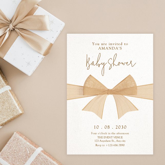Beige soft brown bow baby shower invitation (Creator Uploaded)