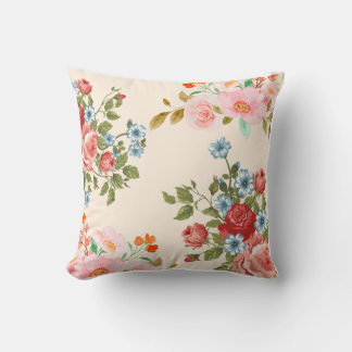 Beige Square Pillow with Elegant Floral Pattern