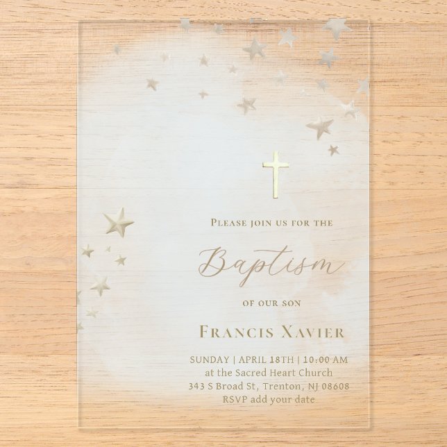 beige stars on pastel blue cloud | Baptism  Acrylic Invitations (Front)