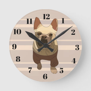 Beige Stripes French Bulldog Round Clock