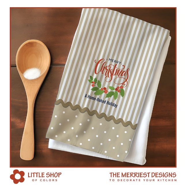 Beige Stripes Holly Leaves Christmas Tea Towel (Creator Uploaded)