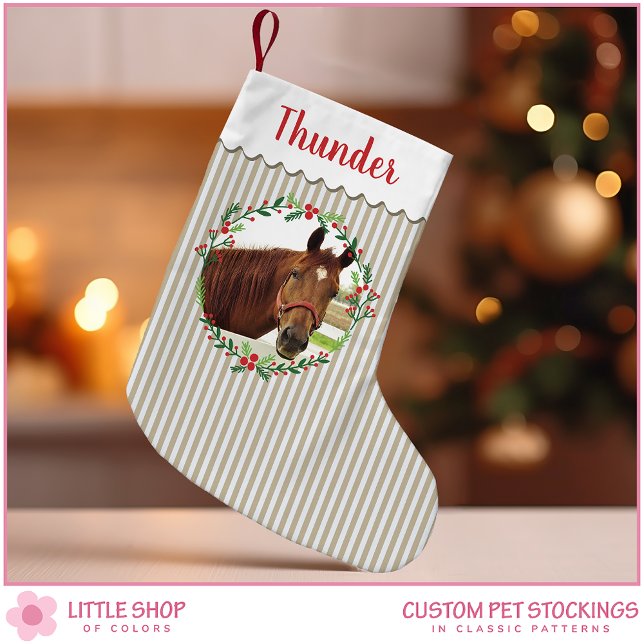 Beige Stripes Horse Monogram Photo Customisable Small Christmas Stocking (Creator Uploaded)