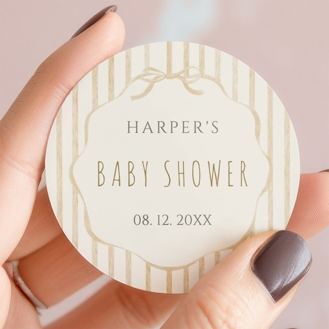 Beige Stripes with Scalloped Frame Baby Shower  Classic Round Sticker (Creator Uploaded)
