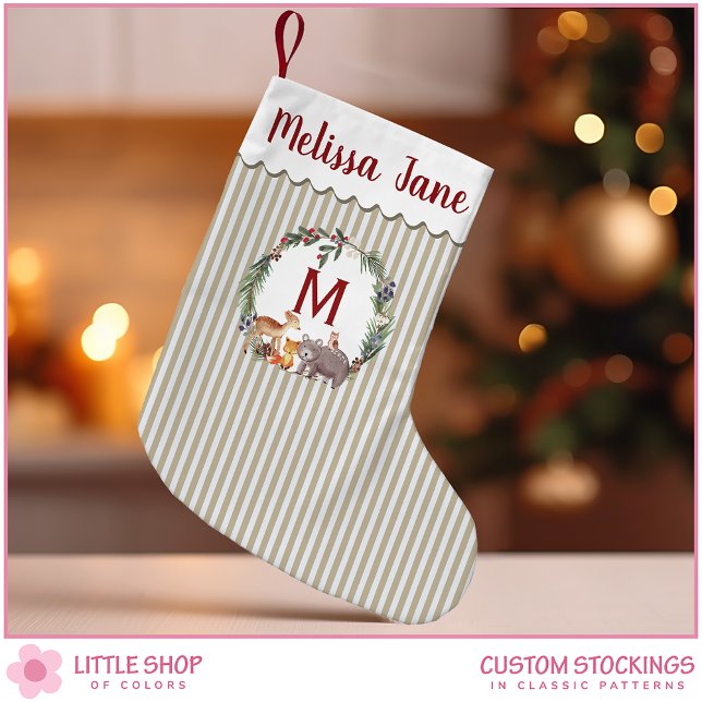 Beige Stripes Woodland Animals Monogram Small Christmas Stocking (Creator Uploaded)