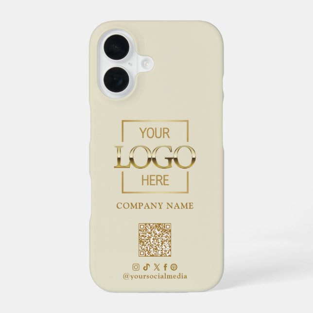 Beige Stylish Minimalist Business Logo & QR Code iPhone 16 Case (Back)