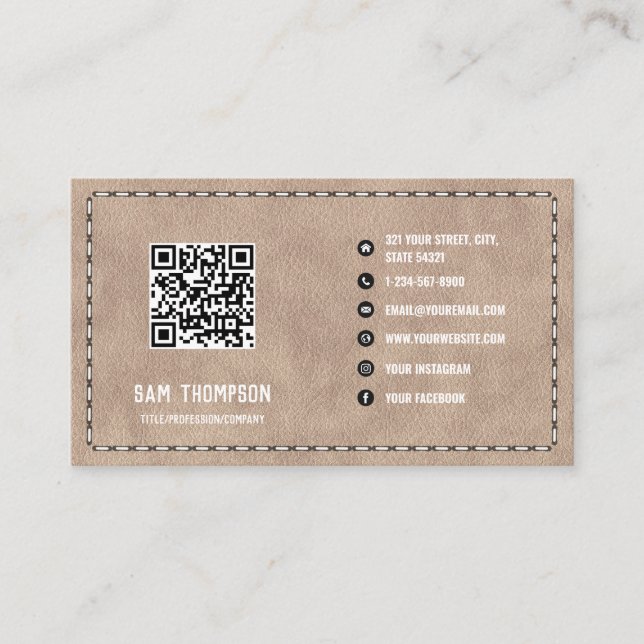 Beige Suede Leather Business QR Code Card (Front)