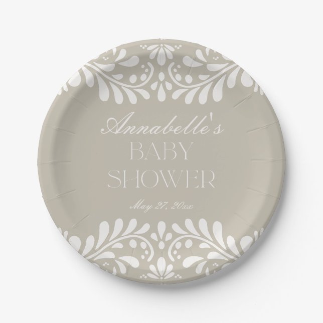 Beige Talavera Tile Spanish Fiesta Baby Shower Paper Plate (Front)