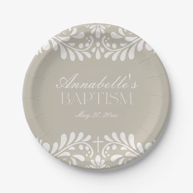 Beige Talavera Tile Spanish Fiesta Baptism Paper Plate (Front)