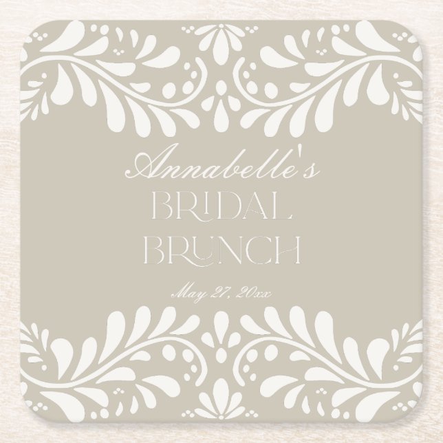 Beige Talavera Tile Spanish Fiesta Bridal Brunch Square Paper Coaster (Front)