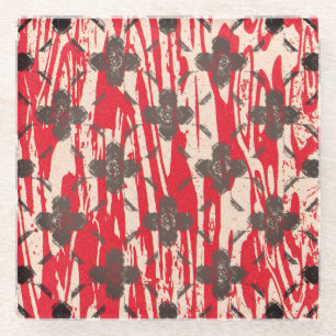 Beige, Tan, and Red Pattern Flowers Glass Coaster