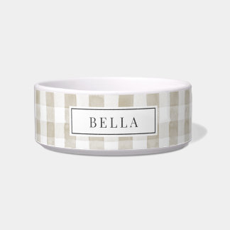 Beige/Tan Gingham Plaid Name Pet Bowl