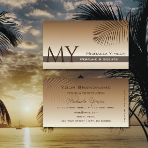 Beige Tan Gradient Palm Leaf with Monogram Simple Business Card