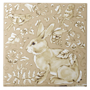 Beige Tan Ivory Bunny Rabbit Bird Floral Leaf Tile