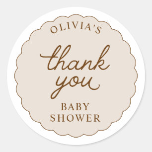 Beige Tan Scalloped Frame Round Baby Shower Classic Round Sticker
