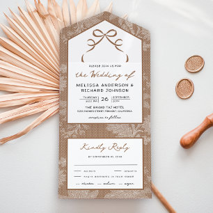 Beige Tan White Lace Coquette Bow Wedding All In One Invitation