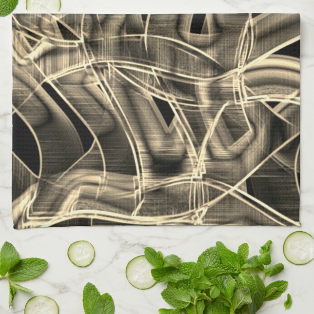 Beige tape-shaped curves, contrasted relief lines tea towel (Folded)