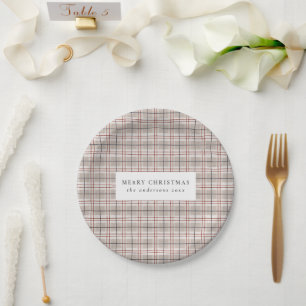 Beige Tartan Plaid Christmas Paper Plate