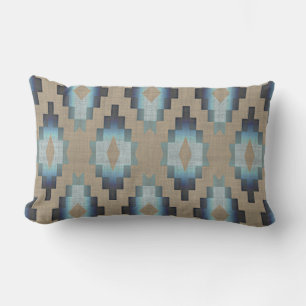 Beige Taupe Brown Dark Blue Grey Tribal Art Lumbar Cushion