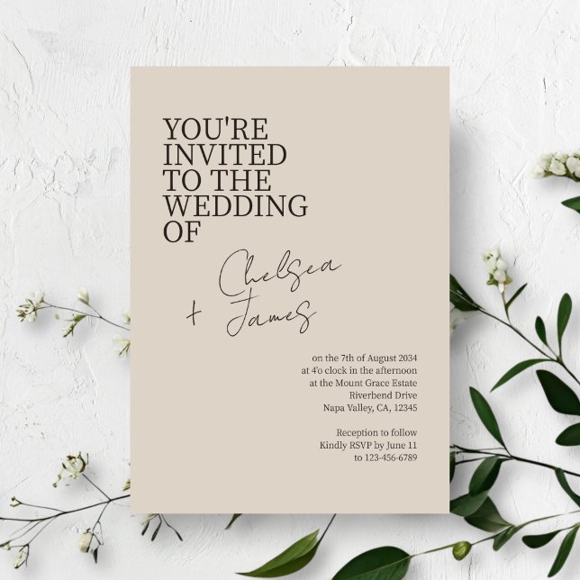 Beige Taupe | Chic Script Minimalist Wedding  Invitation (Creator Uploaded)