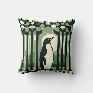 Beige Taupe Geometrical Retro 70s Penguin Forest Cushion