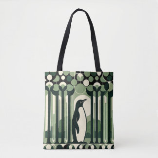Beige Taupe Geometrical Retro 70s Penguin Forest Tote Bag