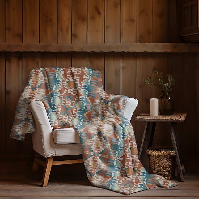 Beige Taupe Red Brown Teal Blue Tribal Art Pattern Fleece Blanket (Creator Uploaded)