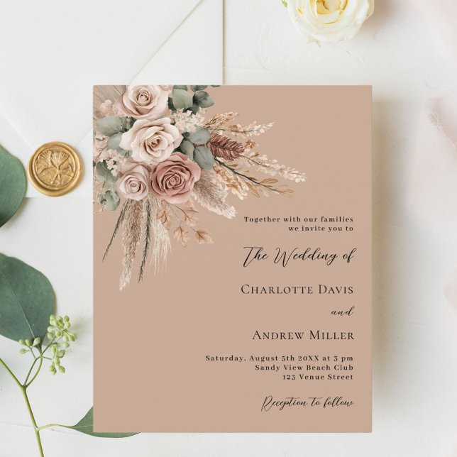 Beige taupe roses greenery boho wedding invitation (Creator Uploaded)